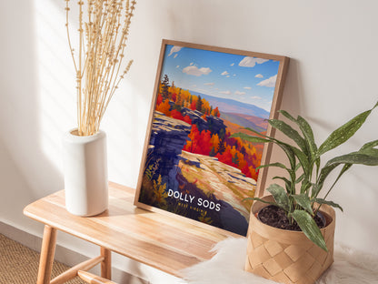 Vibrant autumn landscape of Dolly Sods, featuring rich orange and red foliage, rocky outcrops, and a bright blue sky, perfect travel art.