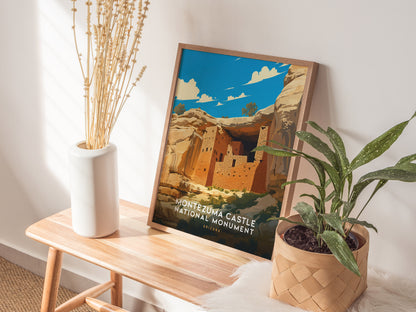 A framed Montezuma Castle National Monument poster rests on a wooden bench next to a white vase with dried flowers and a potted green plant, creating a cozy interior setting.