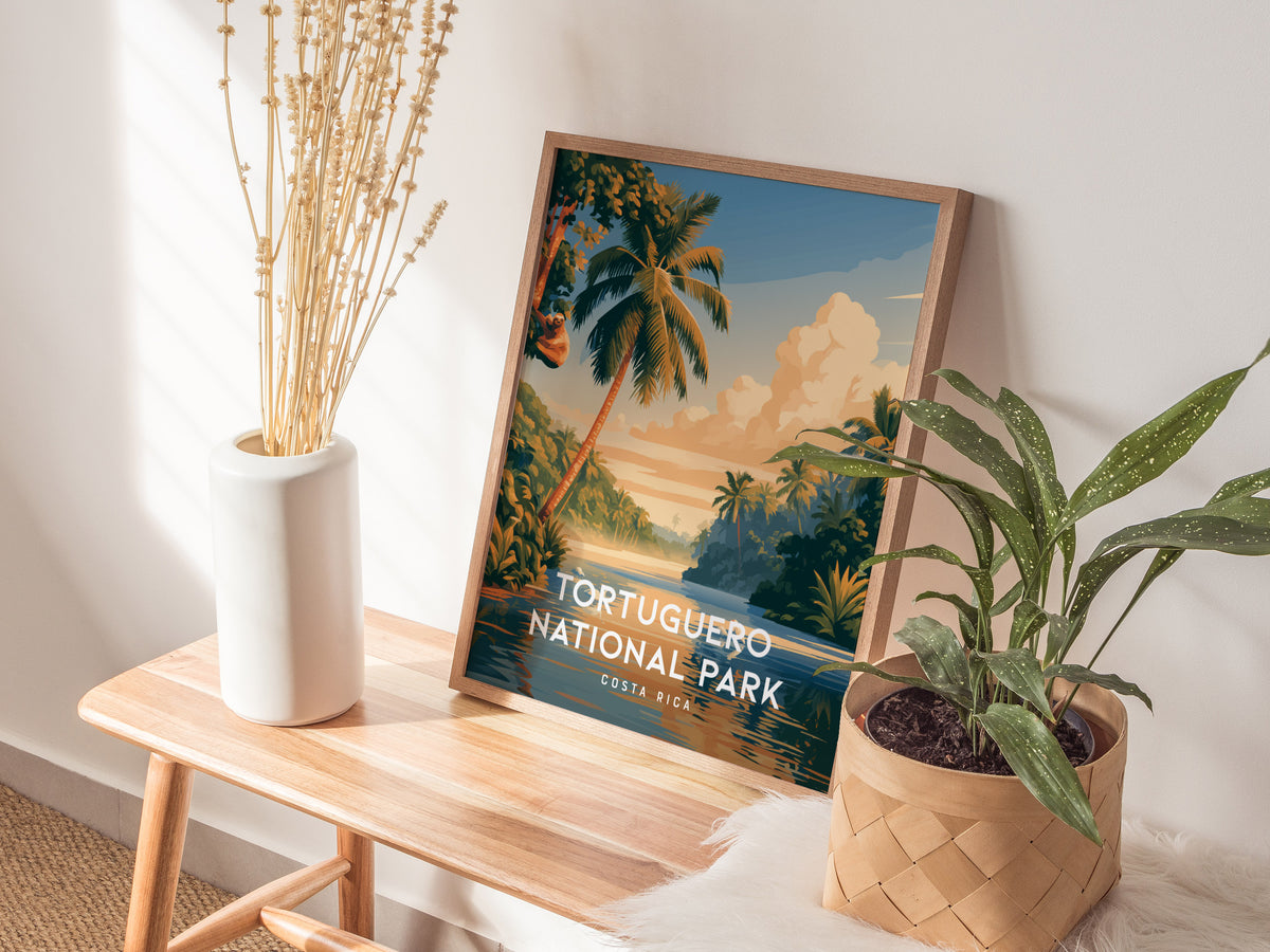 Tortuguero National Park, Costa Rica Poster | Sea Turtle & Rainforest Canal Wall Art — styled in a modern interior