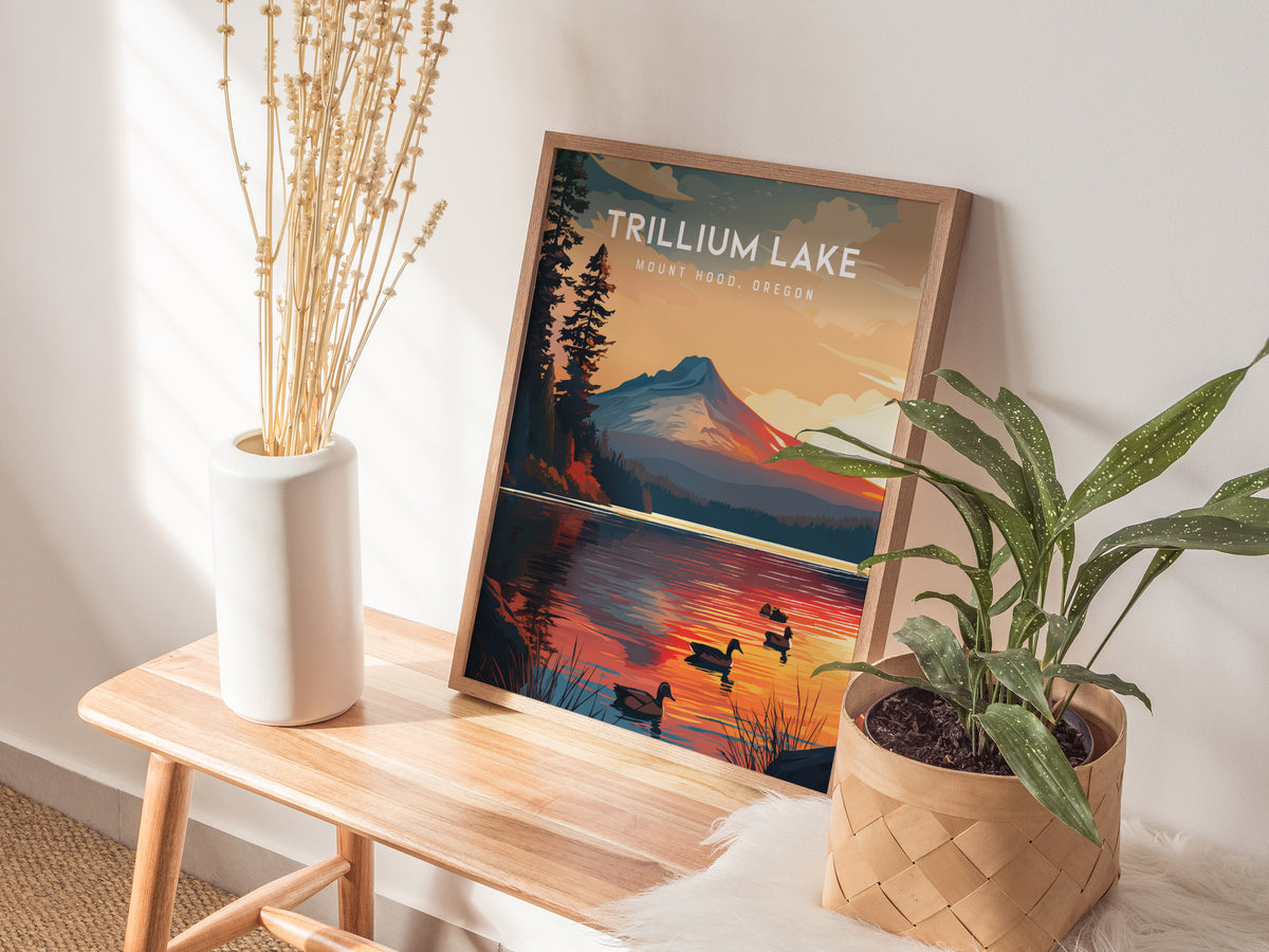 Trillium Lake, Mount Hood, Oregon Poster | Alpine Reflection Destination Print Wall Art — styled in a modern interior