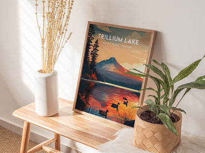 Trillium Lake, Mount Hood, Oregon Poster | Alpine Reflection Destination Print Wall Art — styled in a modern interior