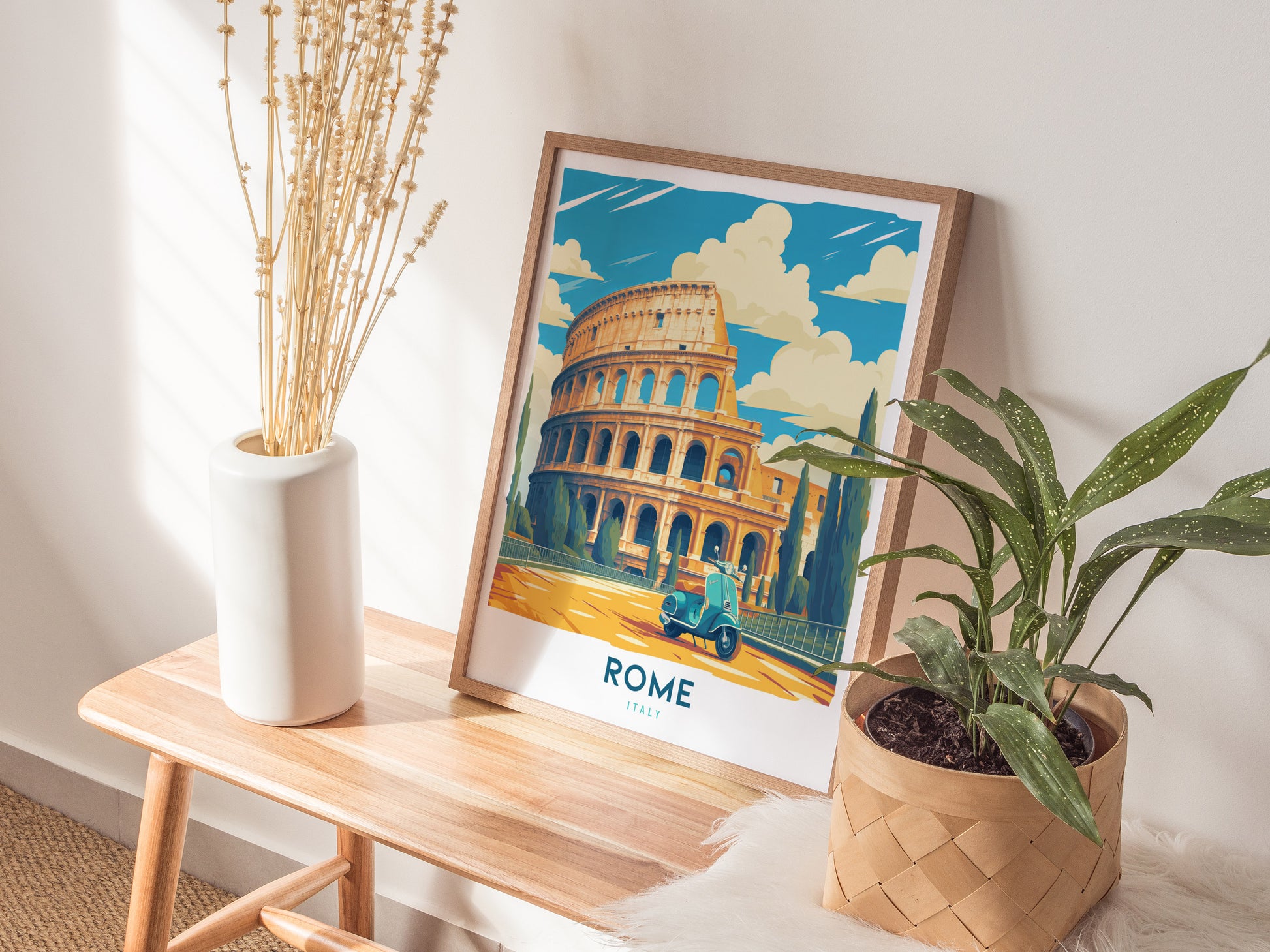 Rome Travel Poster | Vintage Colosseum & Vespa Italy Art Gift