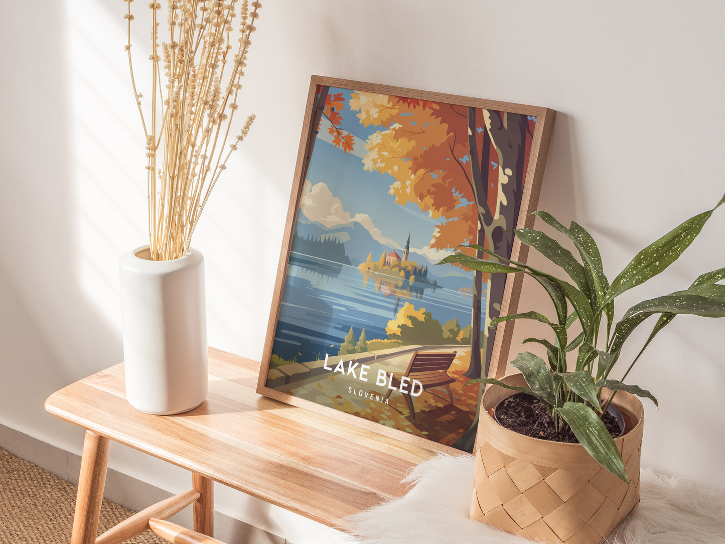Lake Bled, Slovenia Poster | Alpine Island Church Destination Print Wall Art — styled in a modern interior