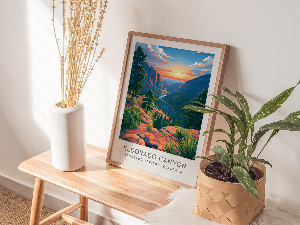Eldorado Canyon Matte Border Poster | Eldorado Springs, Colorado Destination Print — styled in a modern interior