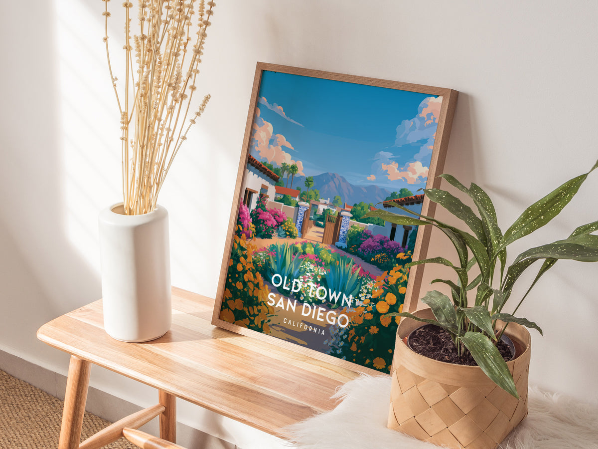 Old Town San Diego, California Poster | Historic Adobe & Fiesta Charm Wall Art — styled in a modern interior