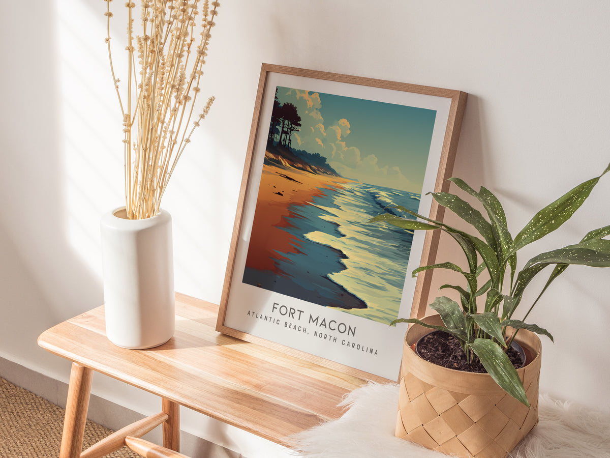 Fort Macon Matte Border Poster | Atlantic Beach, North Carolina Travel Wall Art — styled in a modern interior