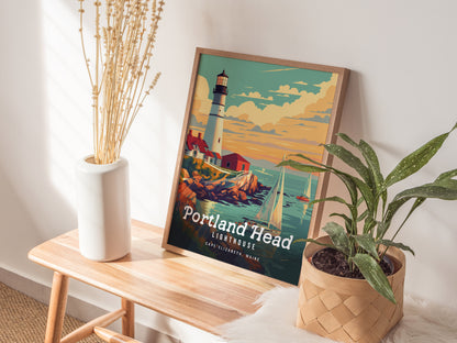 A framed Portland Head Lighthouse poster rests on a wooden bench beside a white vase with dried flowers and a potted plant. Sunlight casts shadows on the wall.