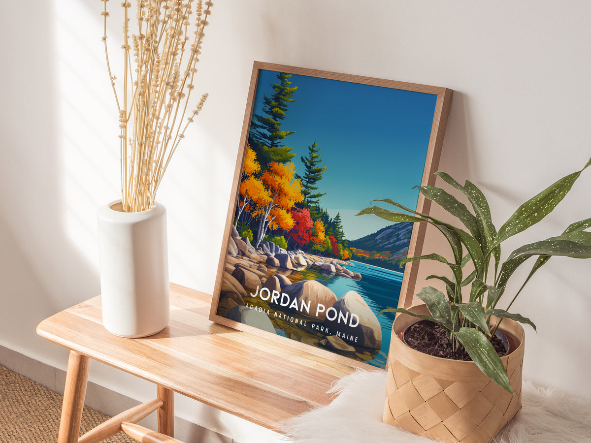 Jordan Pond, Acadia National Park, Maine Poster | Coastal Beach Decor Wall Art — styled in a modern interior