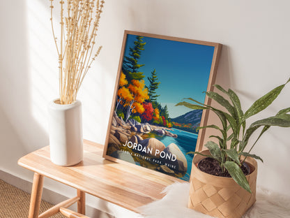 Jordan Pond, Acadia National Park, Maine Poster | Coastal Beach Decor Wall Art — styled in a modern interior
