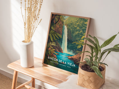 Framed print of Rincón de la Vieja waterfall, vibrant greens and blues, lush jungle backdrop, modern travel art for décor.