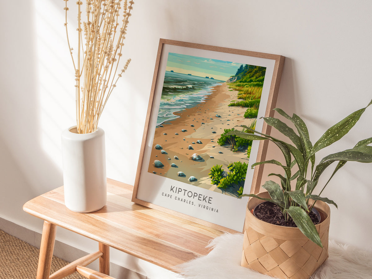 Kiptopeke Matte Border Poster | Cape Charles, Virginia Coastal Beach Decor — styled in a modern interior