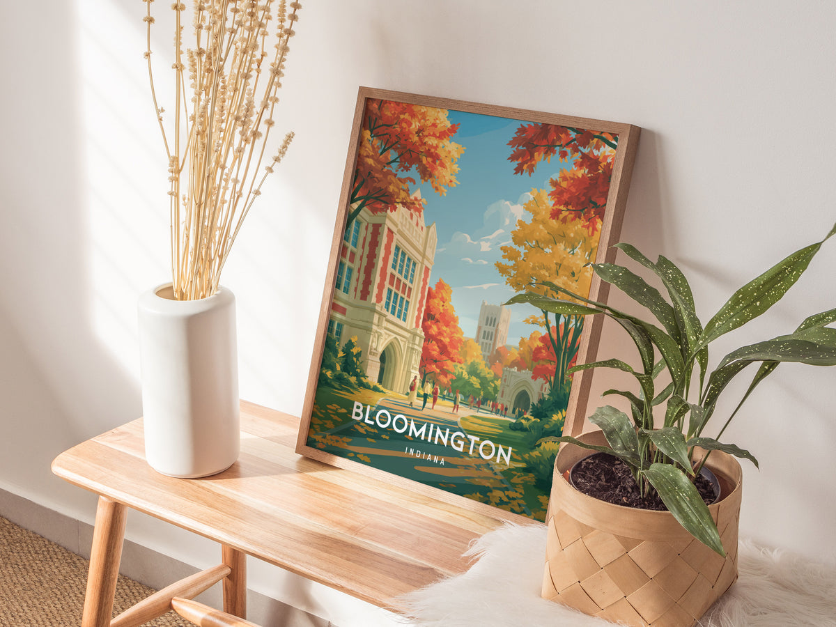 Bloomington, Indiana Poster | College Town Charm Travel Gift Wall Art — styled in a modern interior