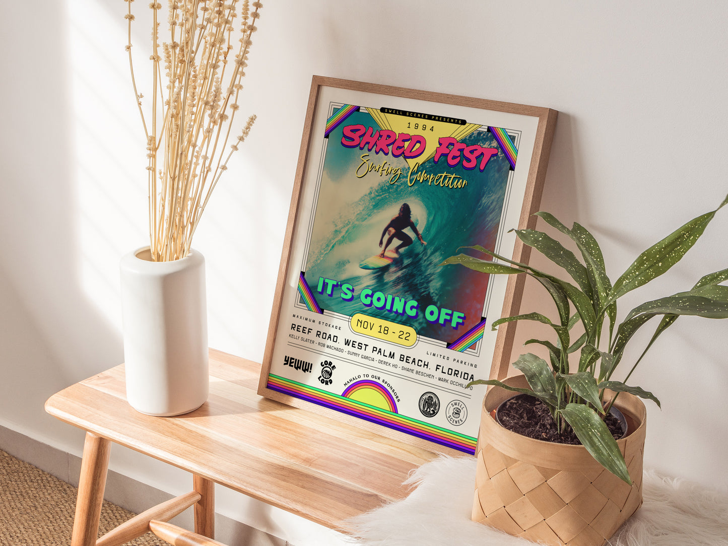 Vibrant 1994 Shred Fest surfing poster featuring a surfer riding a massive wave, with bold neon colors and retro typography.