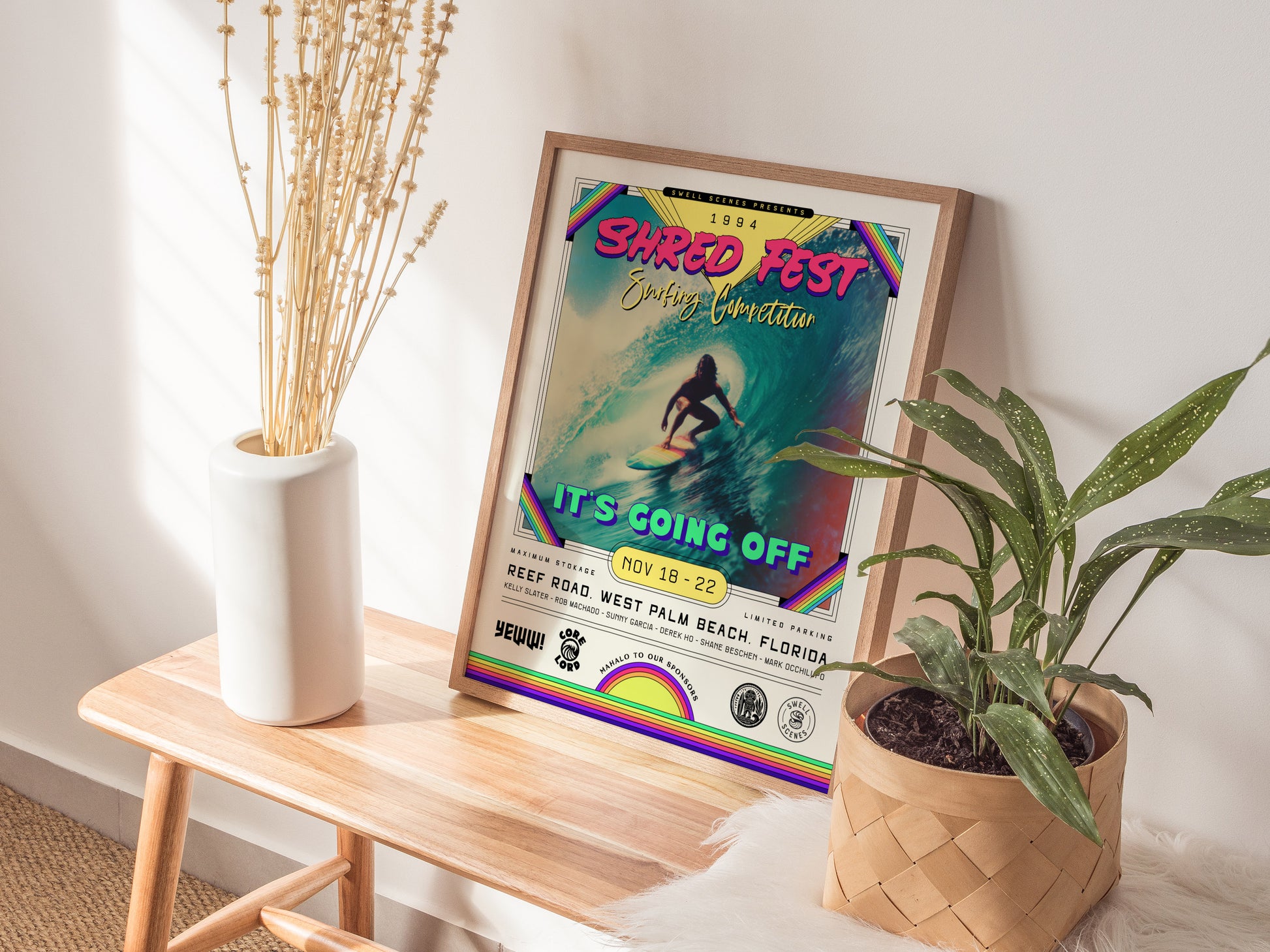 Vibrant 1994 Shred Fest surfing poster featuring a surfer riding a massive wave, with bold neon colors and retro typography.