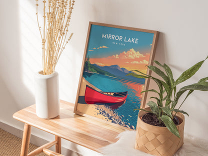 A vibrant poster of Mirror Lake, New York, features a red canoe on calm waters, surrounded by lush greenery and distant mountains under a colorful sunset.