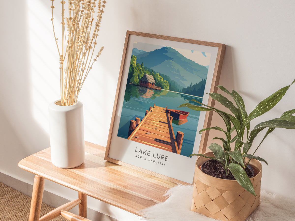 Lake Lure Matte Border Poster | North Carolina Vacation Wall Art — styled in a modern interior