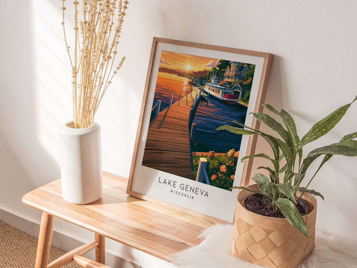 Lake Geneva Matte Border Poster | Wisconsin Travel Wall Art — styled in a modern interior