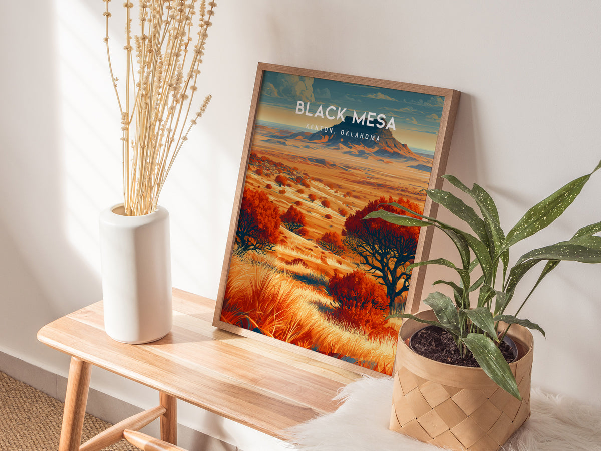 Black Mesa, Kenton, Oklahoma Poster | Western Prairie Adventure Wall Art — styled in a modern interior
