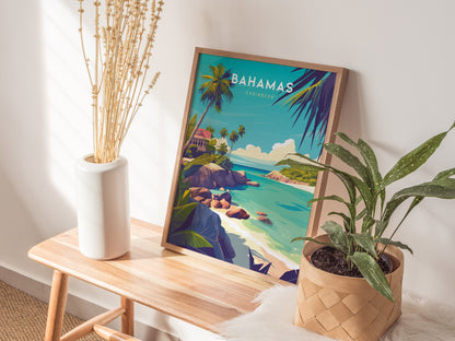 A framed Bahamas travel print sits on a wooden bench, accompanied by a white vase with dried plants and a potted green plant. Sunlight casts soft shadows on the wall.