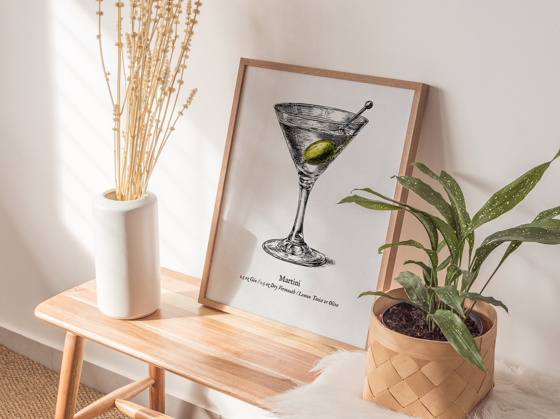 Martini Poster | Vintage Cocktail Scientific Illustration Wall Art — styled in a modern interior