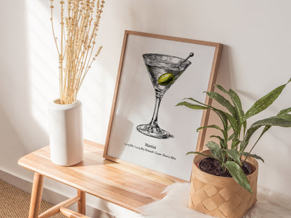 Martini Poster | Vintage Cocktail Scientific Illustration Wall Art — styled in a modern interior