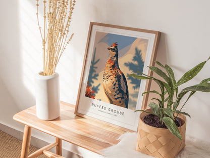 Ruffed Grouse Poster | Woodland Bird in Autumn Forest Wall Art — styled in a modern interior