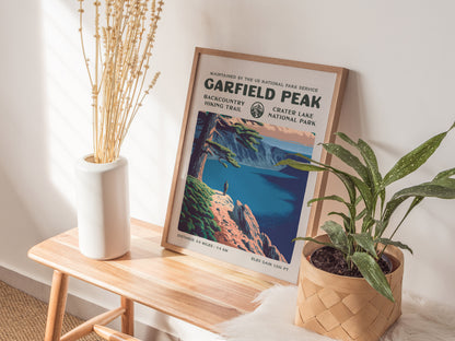 Garfield Peak, Crater Lake National Park Poster | Hiker Gift | Backcountry Trail Wall Art — styled in a modern interior