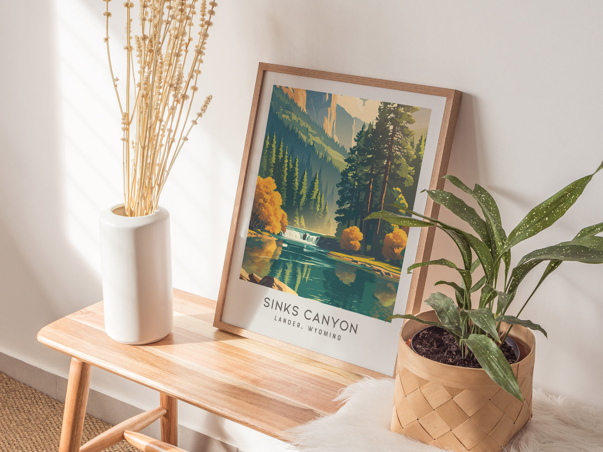 Sinks Canyon Matte Border Poster | Lander, Wyoming Travel Wall Art — styled in a modern interior