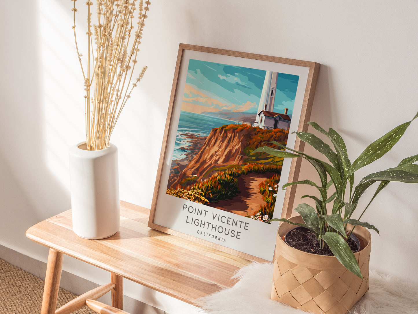 Point Vicente Lighthouse Matte Border Poster | California Travel Wall Art — styled in a modern interior