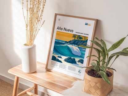 Año Nuevo, San Mateo County, California Poster | Elephant Seals & Rugged Surf Wall Art — styled in a modern interior