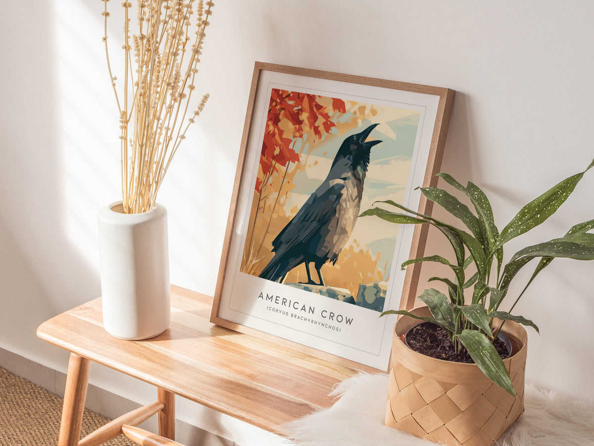 American Crow Poster | Dark Elegance Corvid Bird Wall Art — styled in a modern interior