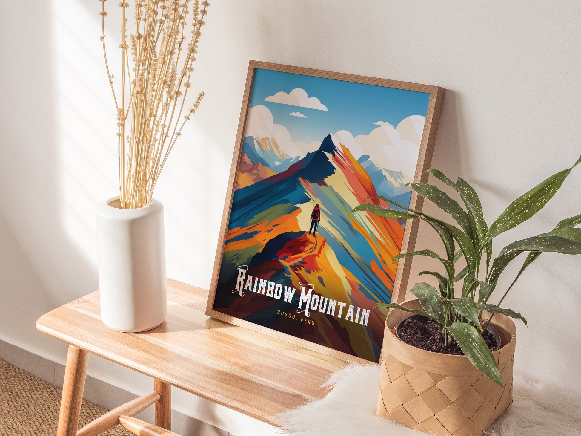 Vibrant Rainbow Mountain poster showcasing colorful layers, a lone hiker, and a stylized vintage travel art vibe.