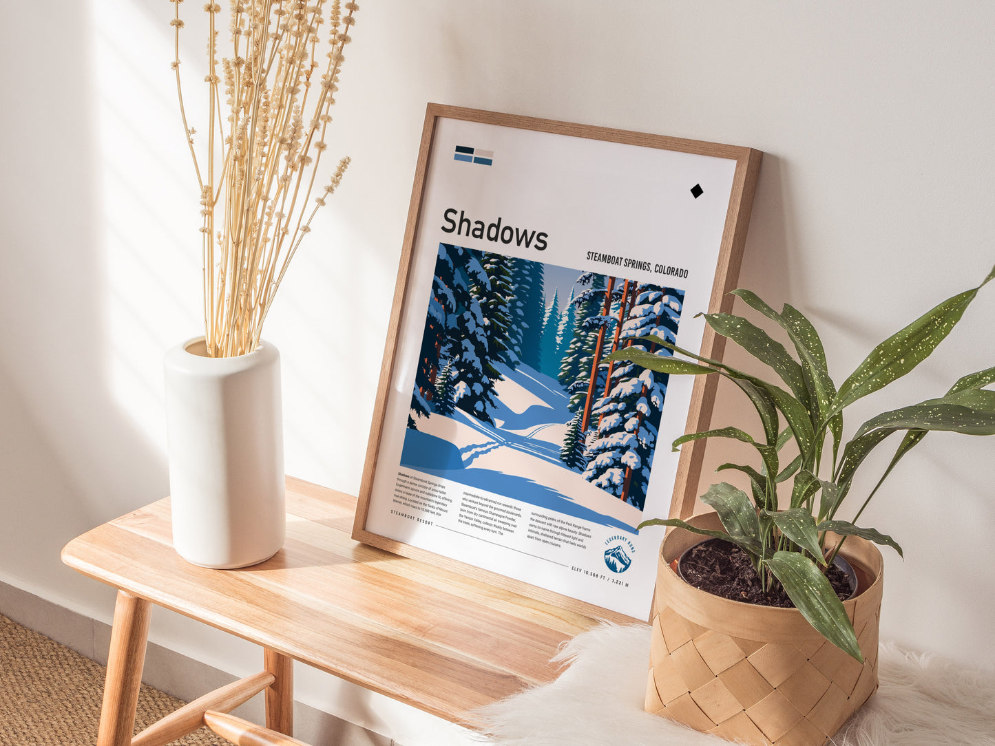 Shadows, Steamboat Poster | Snowy Ski Run Mountain Wall Art — styled in a modern interior