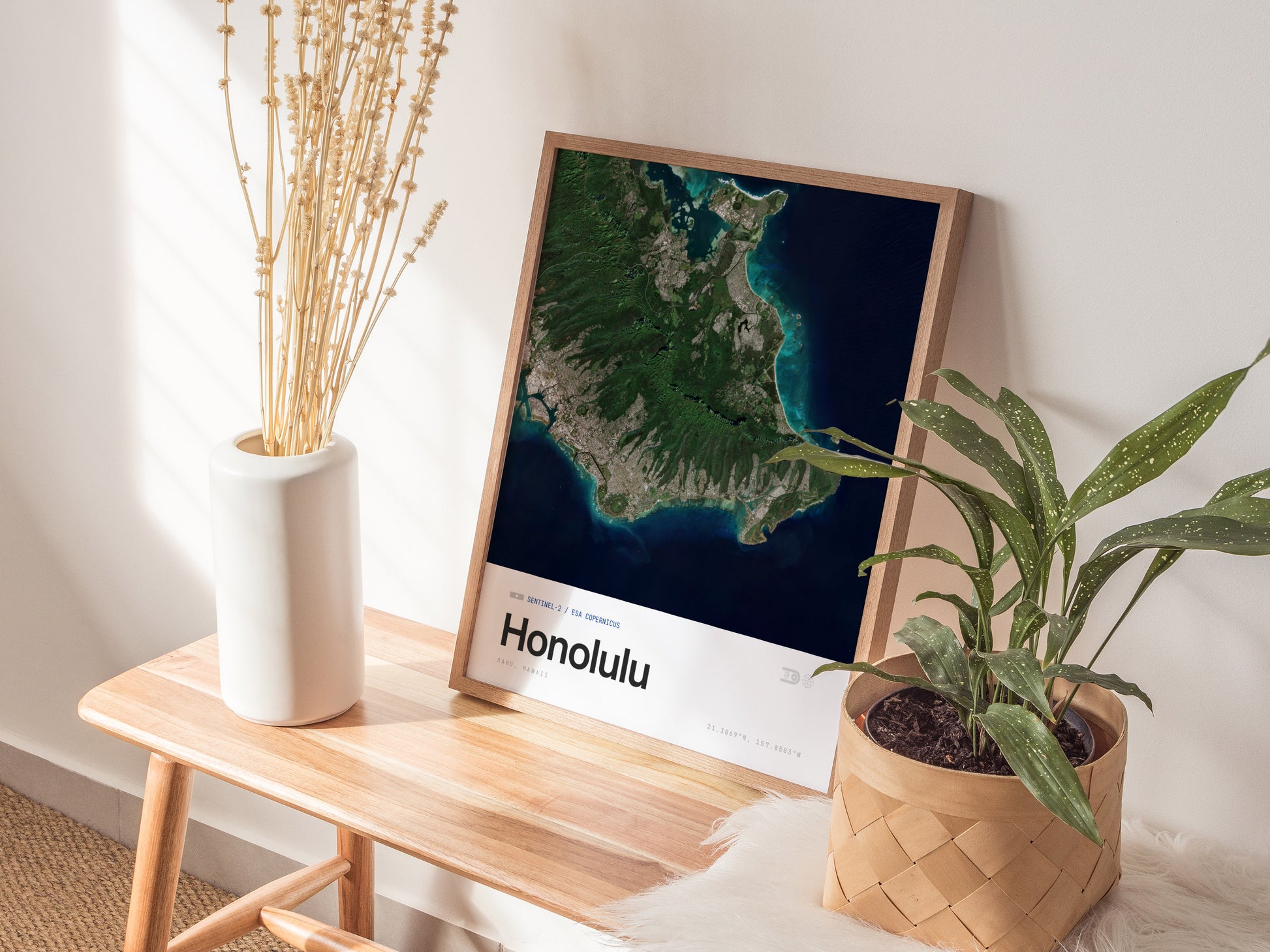 Framed aerial print of Honolulu, Hawaii, showcasing vibrant coastal blues, lush greens, and urban layouts for travel decor.