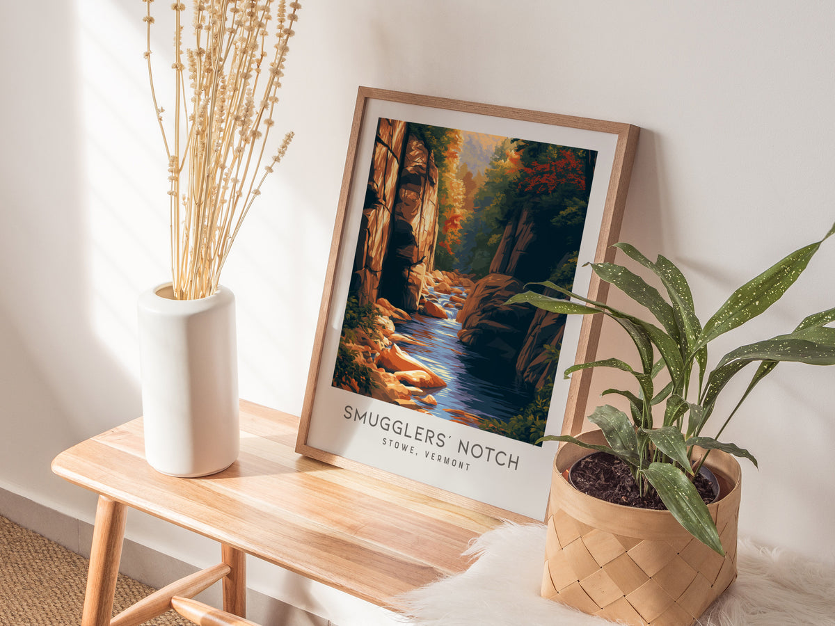 Smugglers' Notch Matte Border Poster | Stowe, Vermont Travel Wall Art — styled in a modern interior