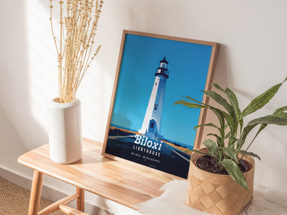 A framed poster of the Biloxi Lighthouse leans against a wall on a wooden bench, accompanied by a white vase with dried flowers and a potted green plant.