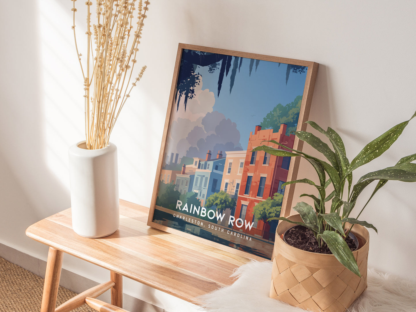 Rainbow Row, Charleston Poster | Colorful Historic Homes Coastal Wall Art — styled in a modern interior
