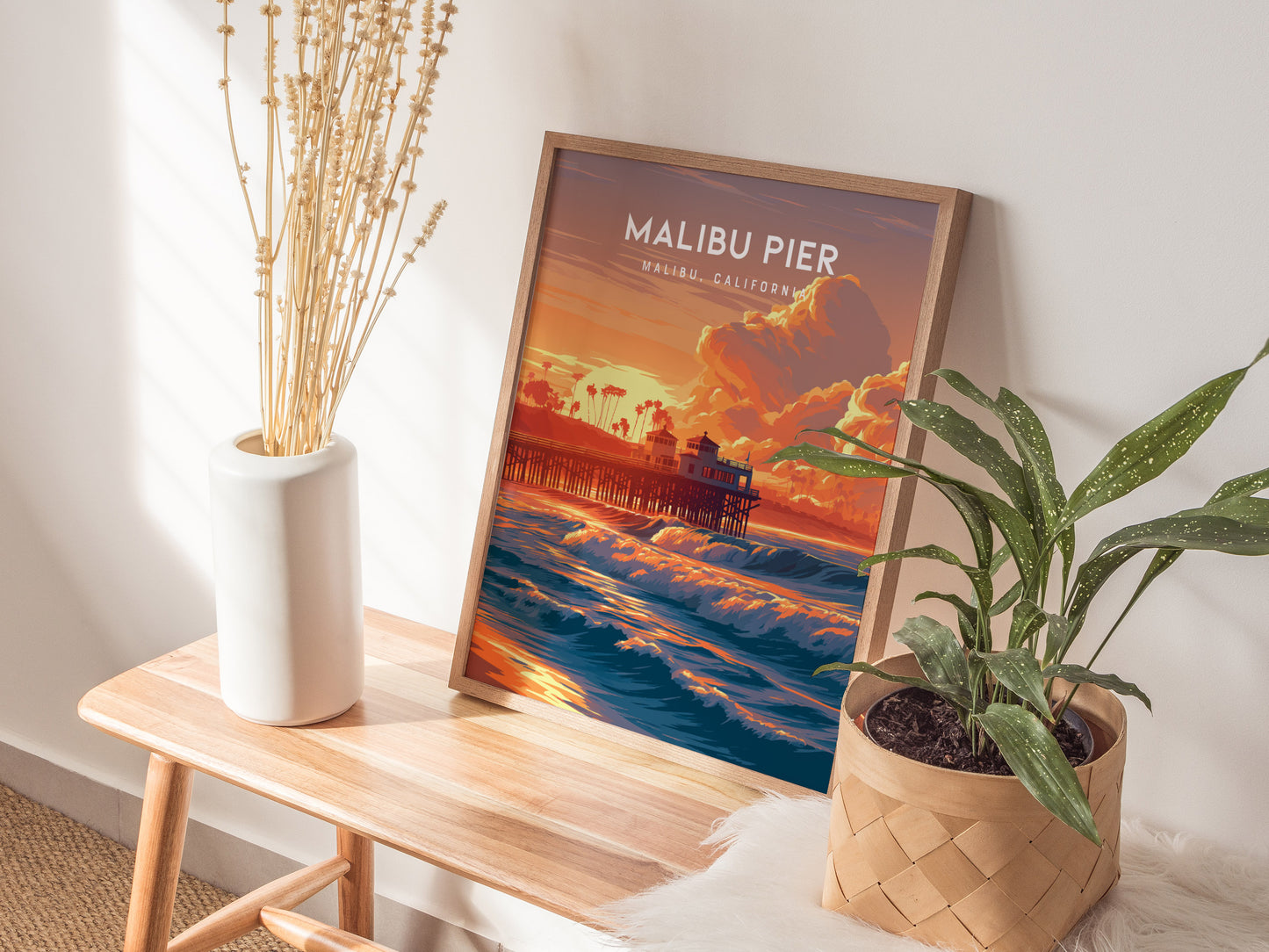 Malibu Pier, California Poster | Golden Coast Sunset Vibes Wall Art — styled in a modern interior