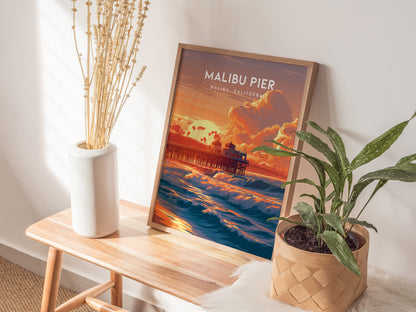Malibu Pier, California Poster | Golden Coast Sunset Vibes Wall Art — styled in a modern interior