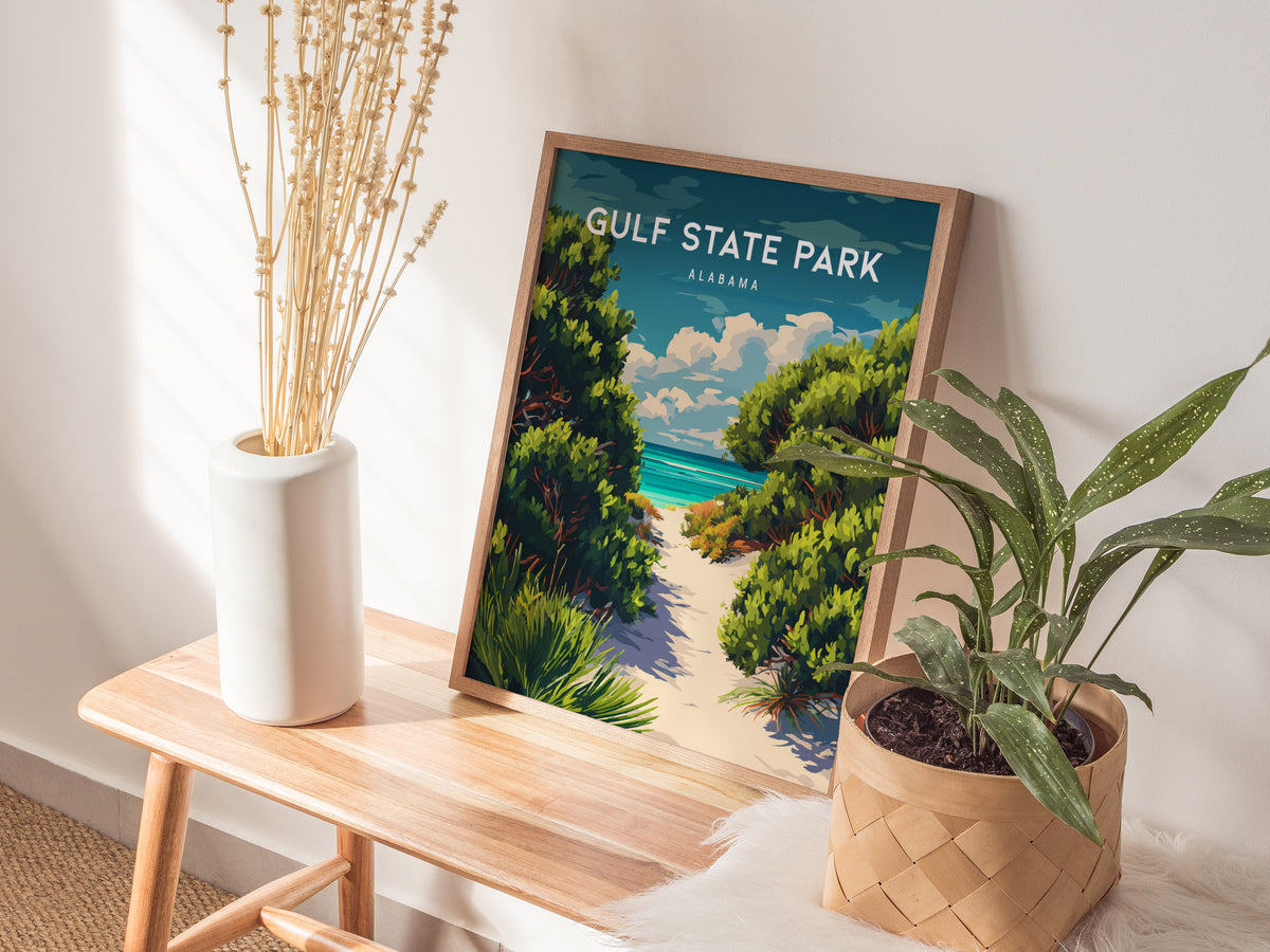 Gulf State Park, Alabama Poster | Beach House Decor Destination Print Wall Art — styled in a modern interior