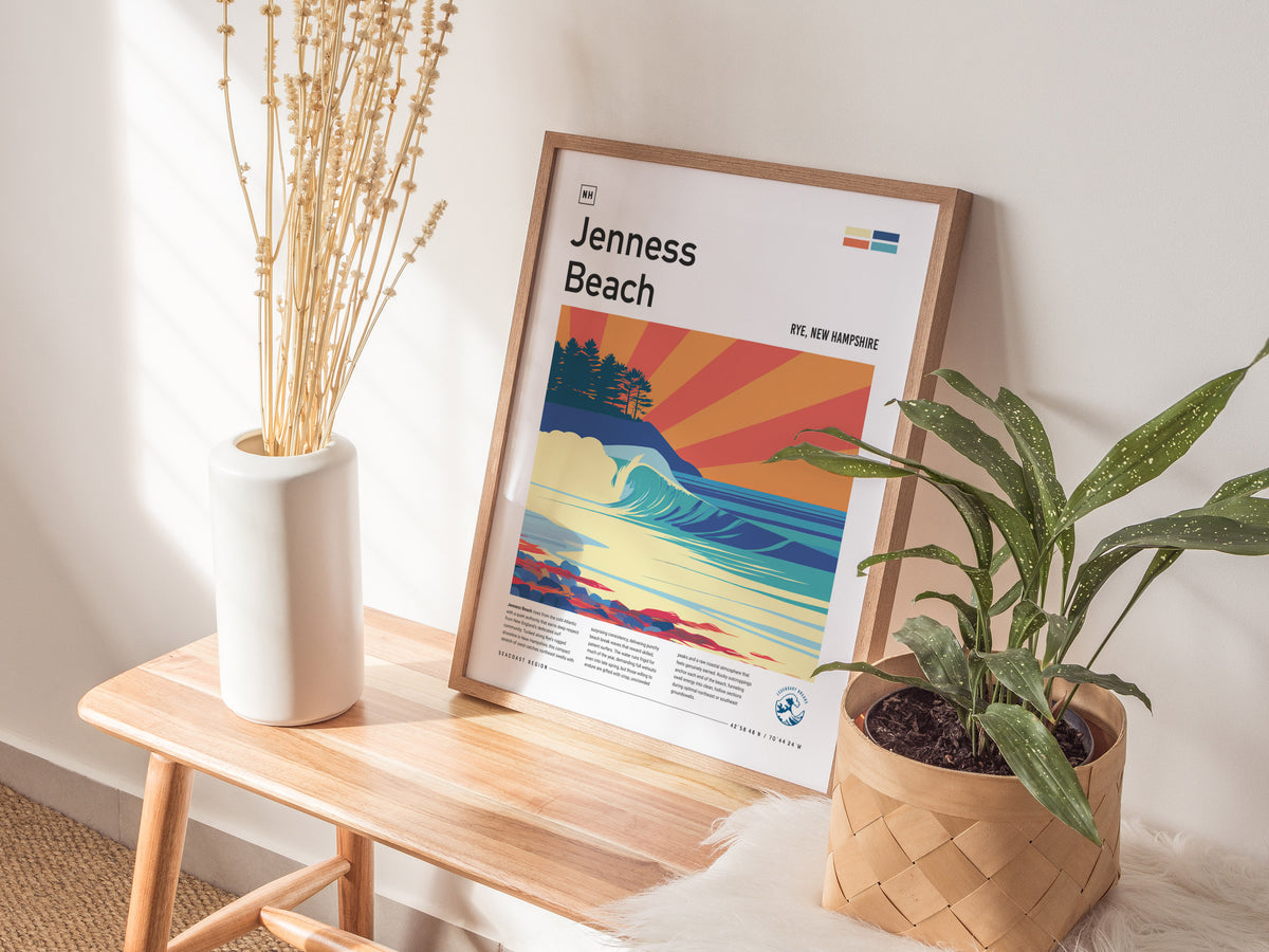 Jenness Beach, Rye, New Hampshire Poster | Surf Wall Art & Coastal Waves Print — styled in a modern interior