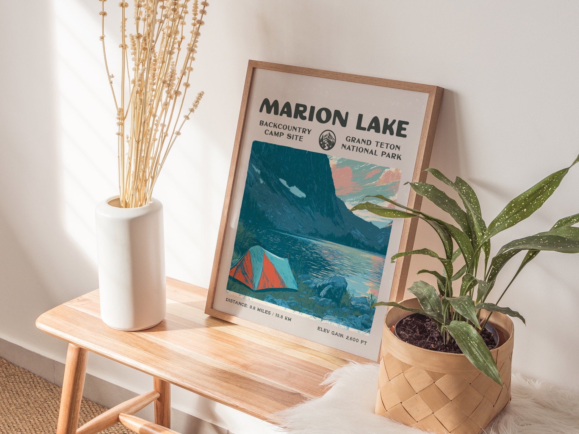 Marion Lake, Grand Teton Poster | Hiker Gift | Alpine Wilderness Backcountry Wall Art — styled in a modern interior