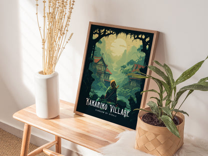 Natural wood framed Kakariko Village poster leaning on a shelf with plants and gaming accessories