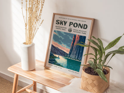 Sky Pond, Rocky Mountain National Park Poster | Hiker Gift | Backcountry Trail Wall Art — styled in a modern interior