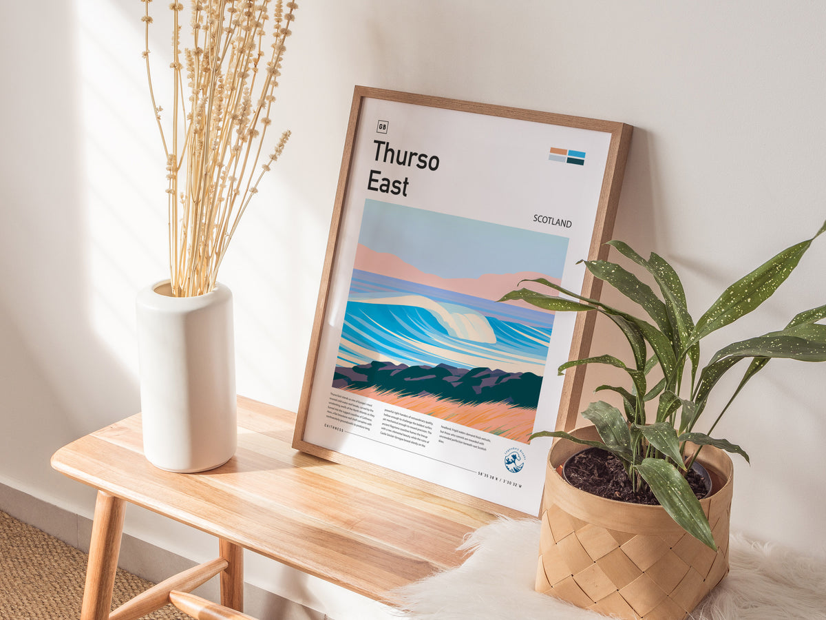 Thurso East, Scotland Poster | Highland Surf Destination Print Wall Art — styled in a modern interior