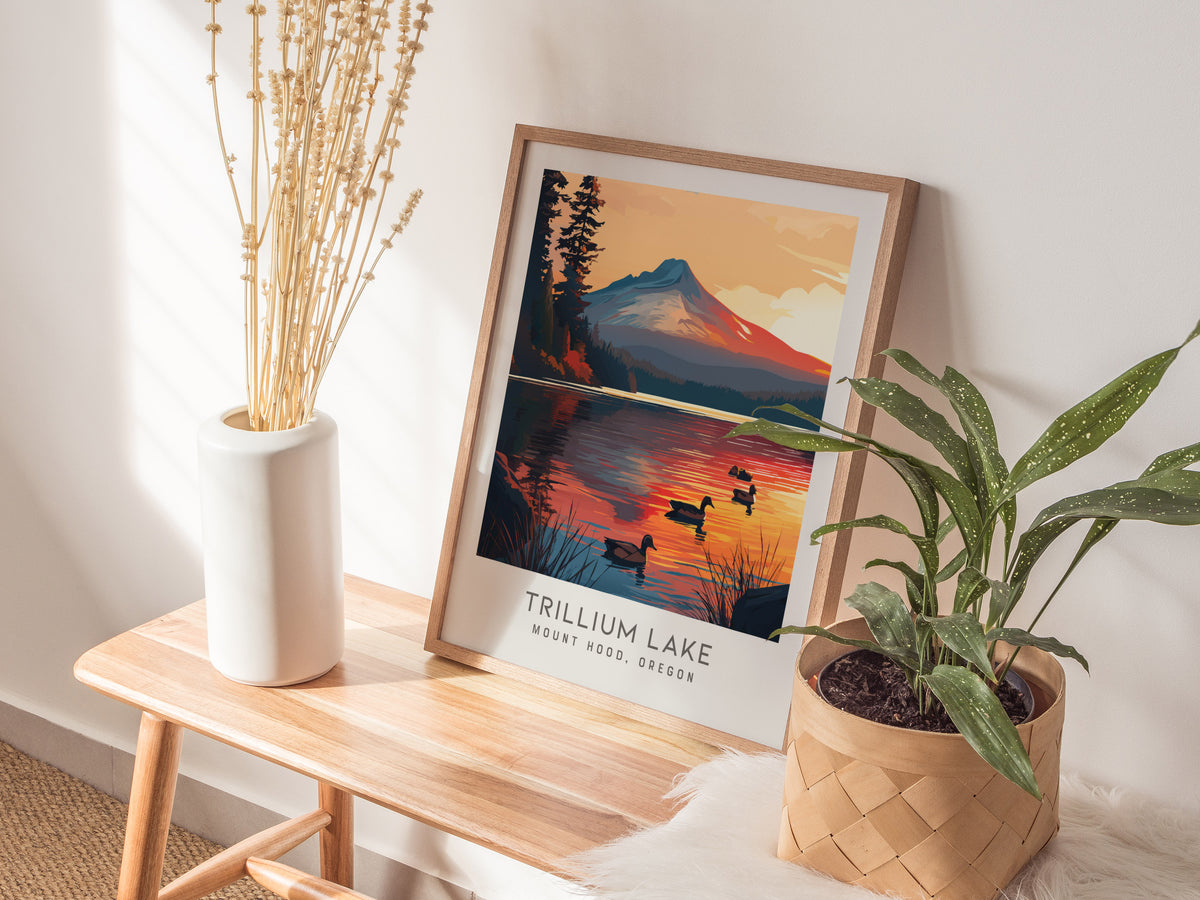 Trillium Lake Matte Border Poster | Mount Hood, Oregon Travel Wall Art — styled in a modern interior