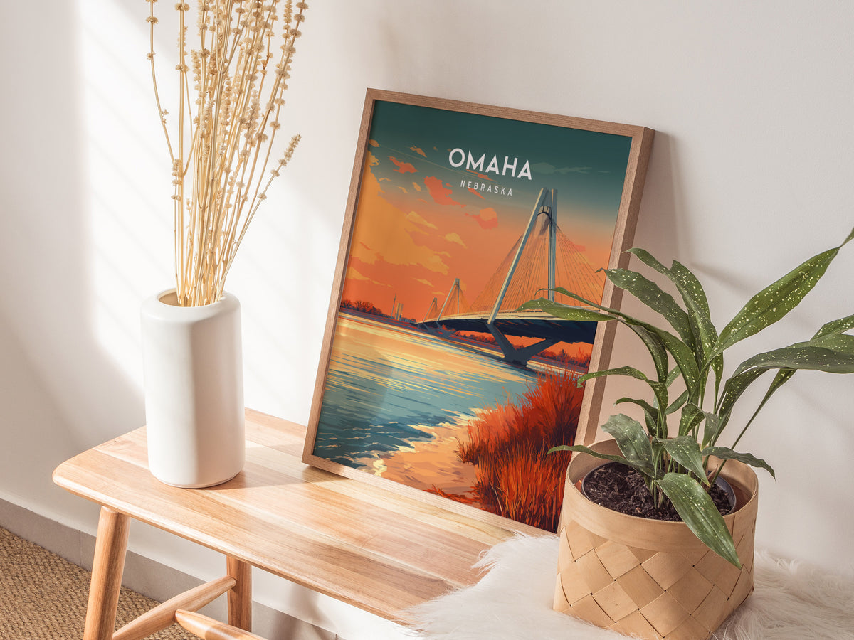Omaha, Nebraska Poster | Heartland Skyline Destination Print Wall Art — styled in a modern interior