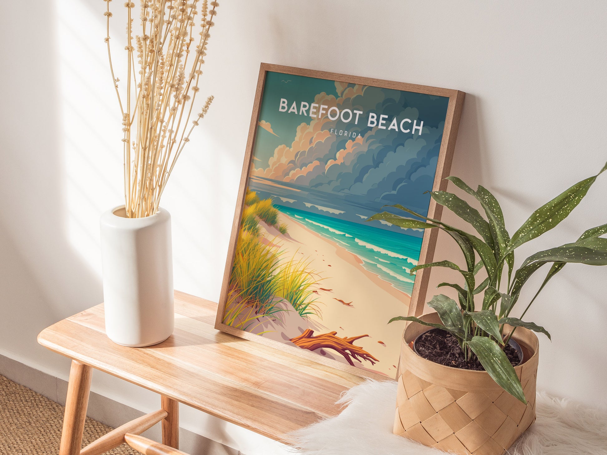 Barefoot Beach, Florida Poster | Sun-Drenched Gulf Coast Art Wall Art — styled in a modern interior