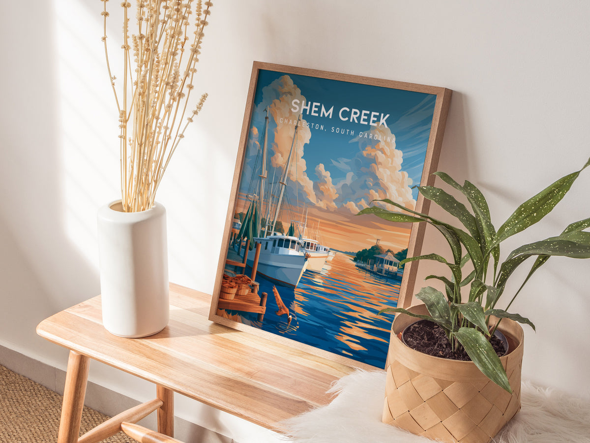 Shem Creek, Charleston, South Carolina Poster | Shrimp Boats & Marsh Sunset Wall Art — styled in a modern interior
