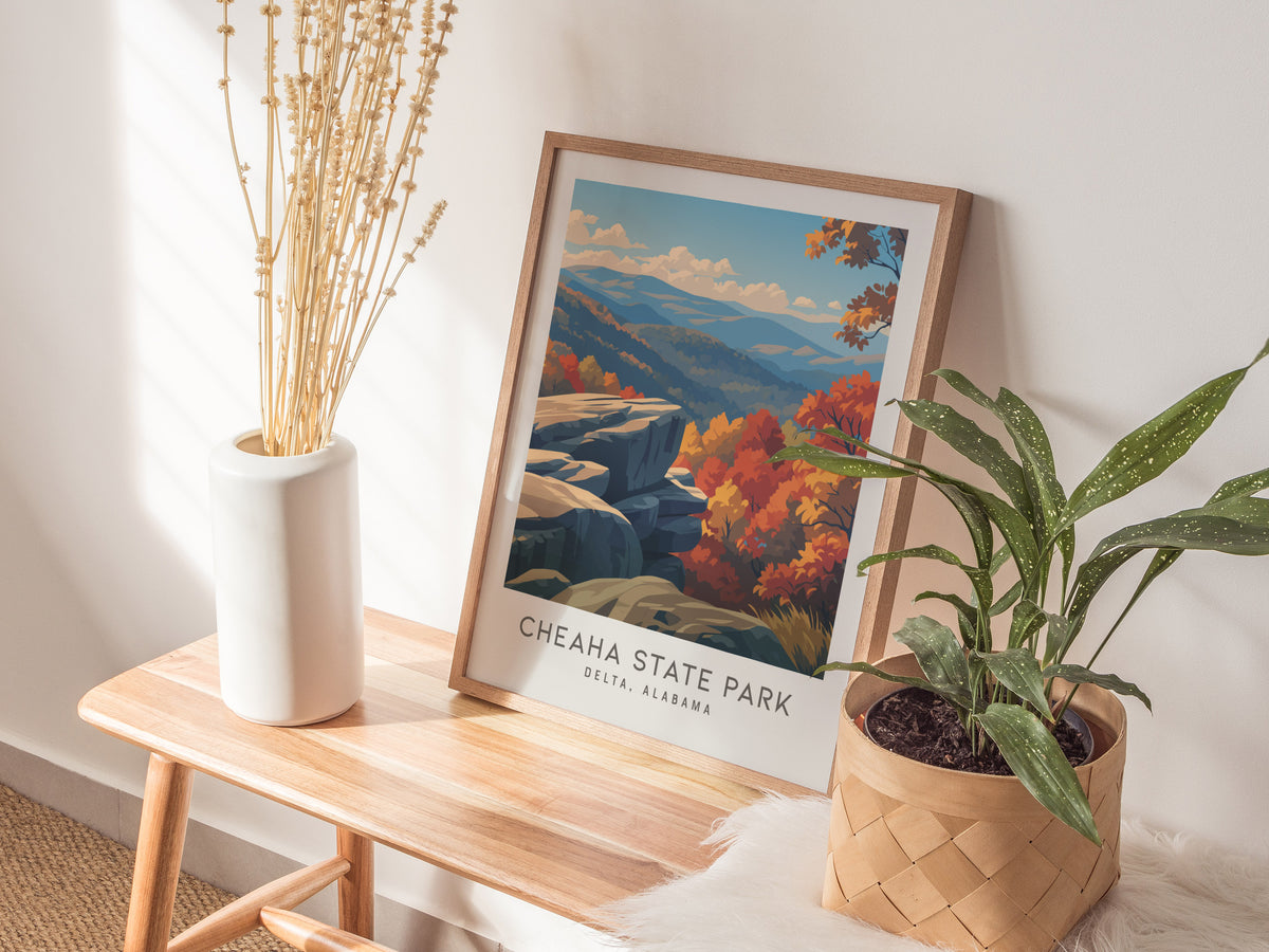 Cheaha State Park Matte Border Poster | Delta, Alabama Destination Print Travel Wall Art — styled in a modern interior
